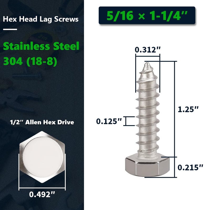 RoyceMart 20-Sets 5/16 x 1-1/4" Hex Head Lag Screws & Flat Washers, Heavy Duty Lag Wood Screws, 304 Stainless Steel (18-8), 5/16" Bolt - Image 2